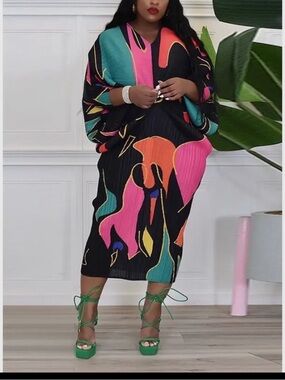 Bold Abstract Print Midi Dress in Black with Neon Accents